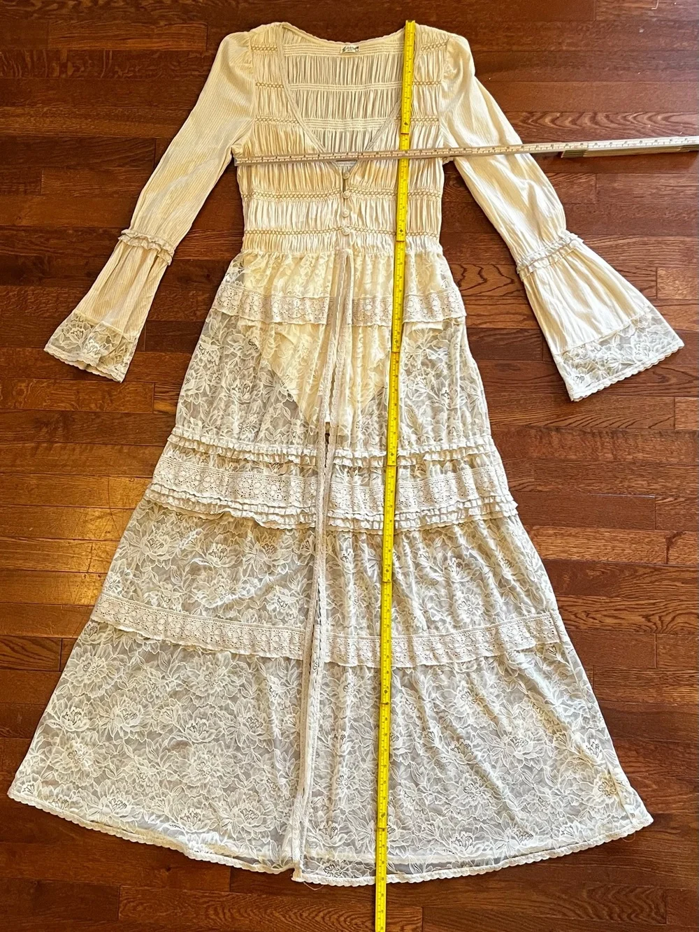 Free People Sheer Lace Tiered Maxi bodysuit duster in Beige. New no tags